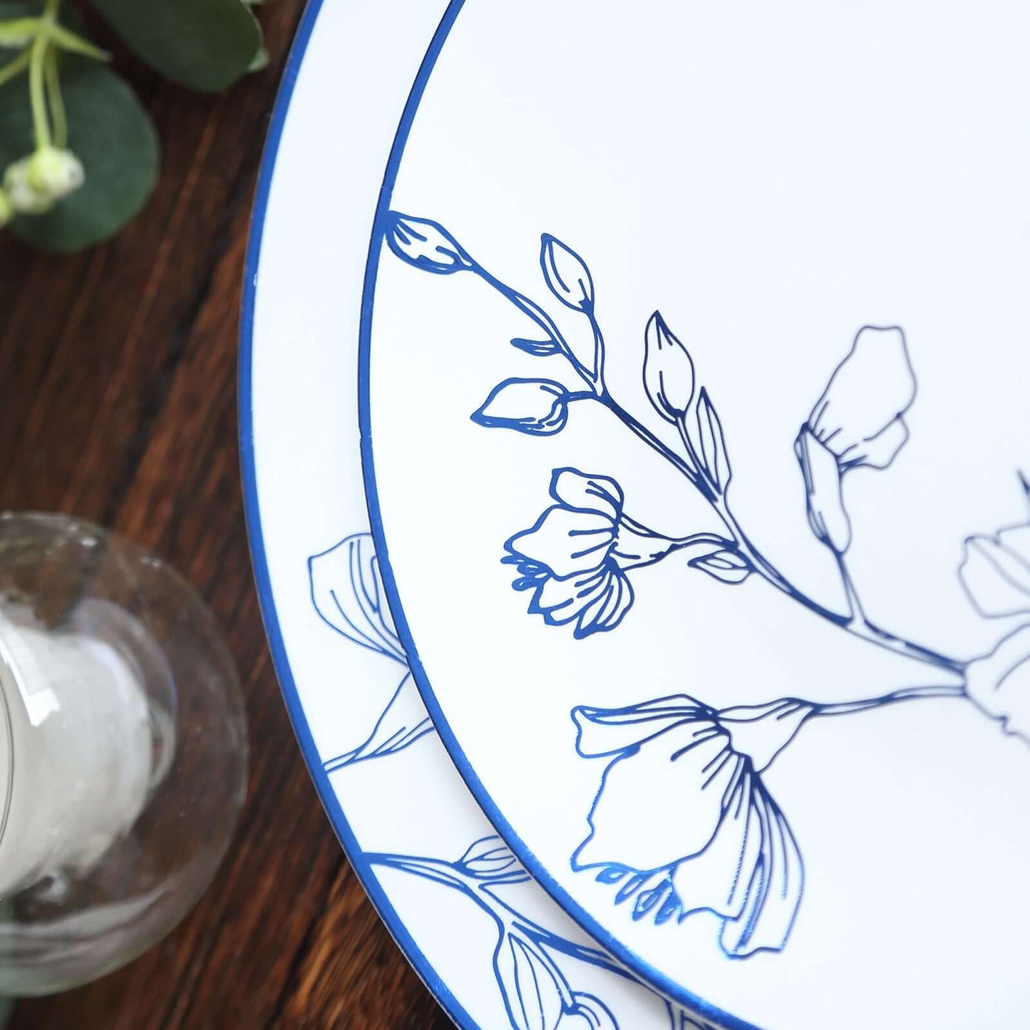 Set of 20 Plastic Round Dinner and Dessert Plates in White with Metallic Blue Floral Design - Stylish Disposable Dinnerware 8", 10"