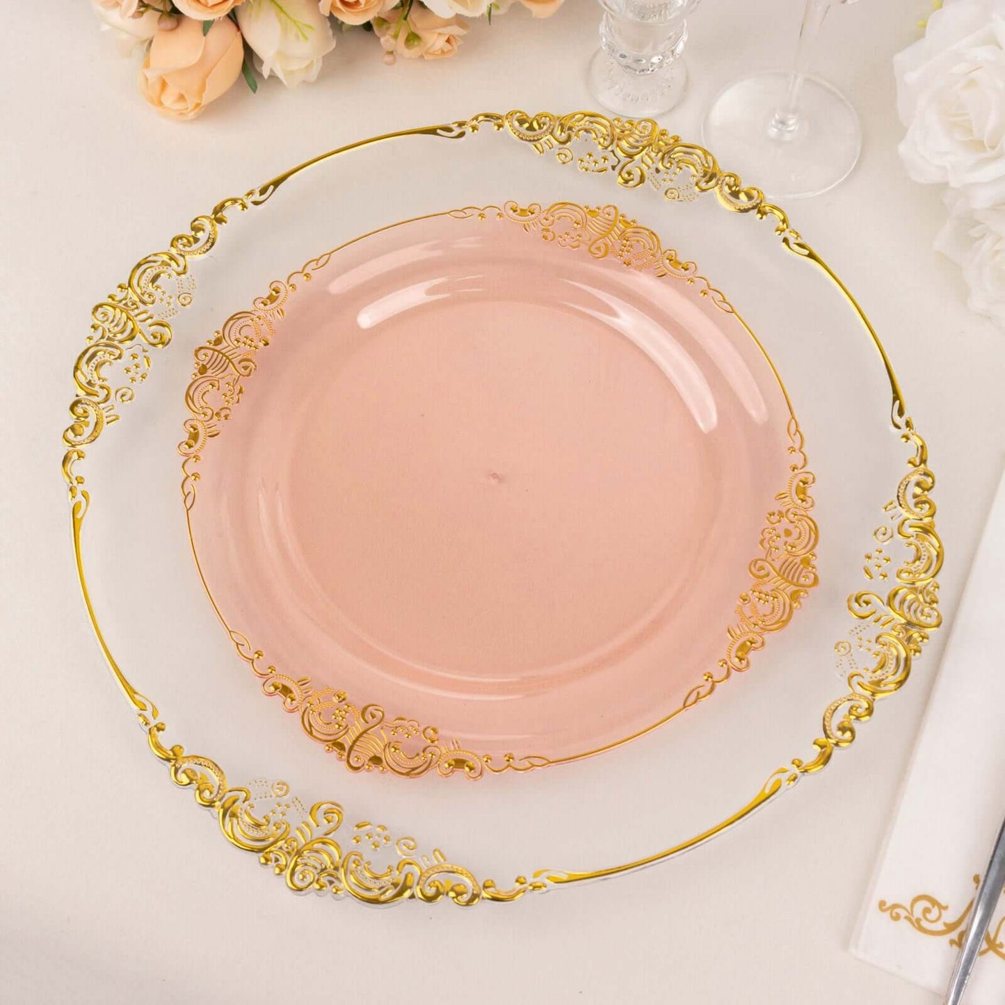 10-Pack Plastic 10" Round Dinner Plates in Transparent Blush with Gold Leaf Embossed Rim - Disposable Vintage Baroque Style Plates