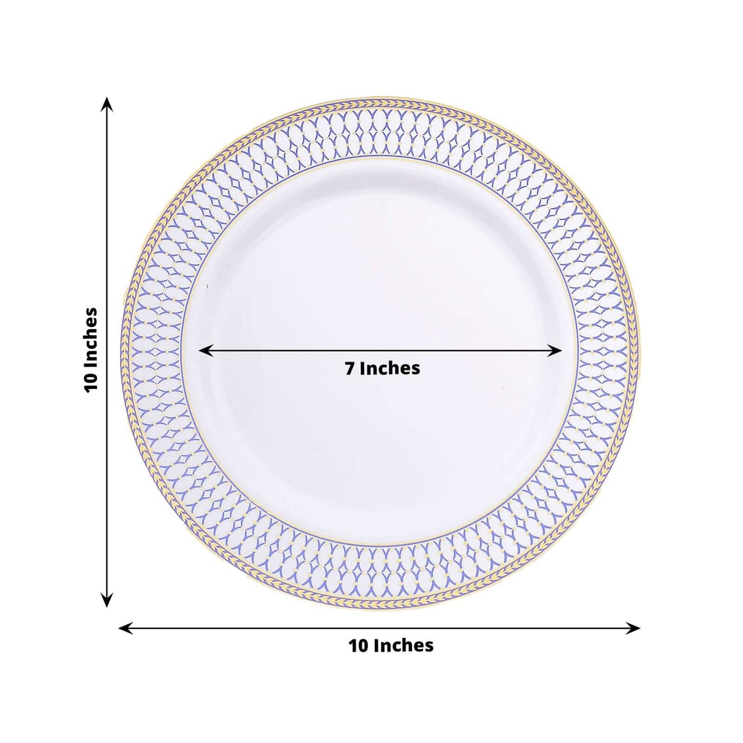 10-Pack Plastic 10" Round Dinner Plates in White with Gold Navy Blue Chord Rim - Renaissance Style Disposable Plates for Events & Banquets