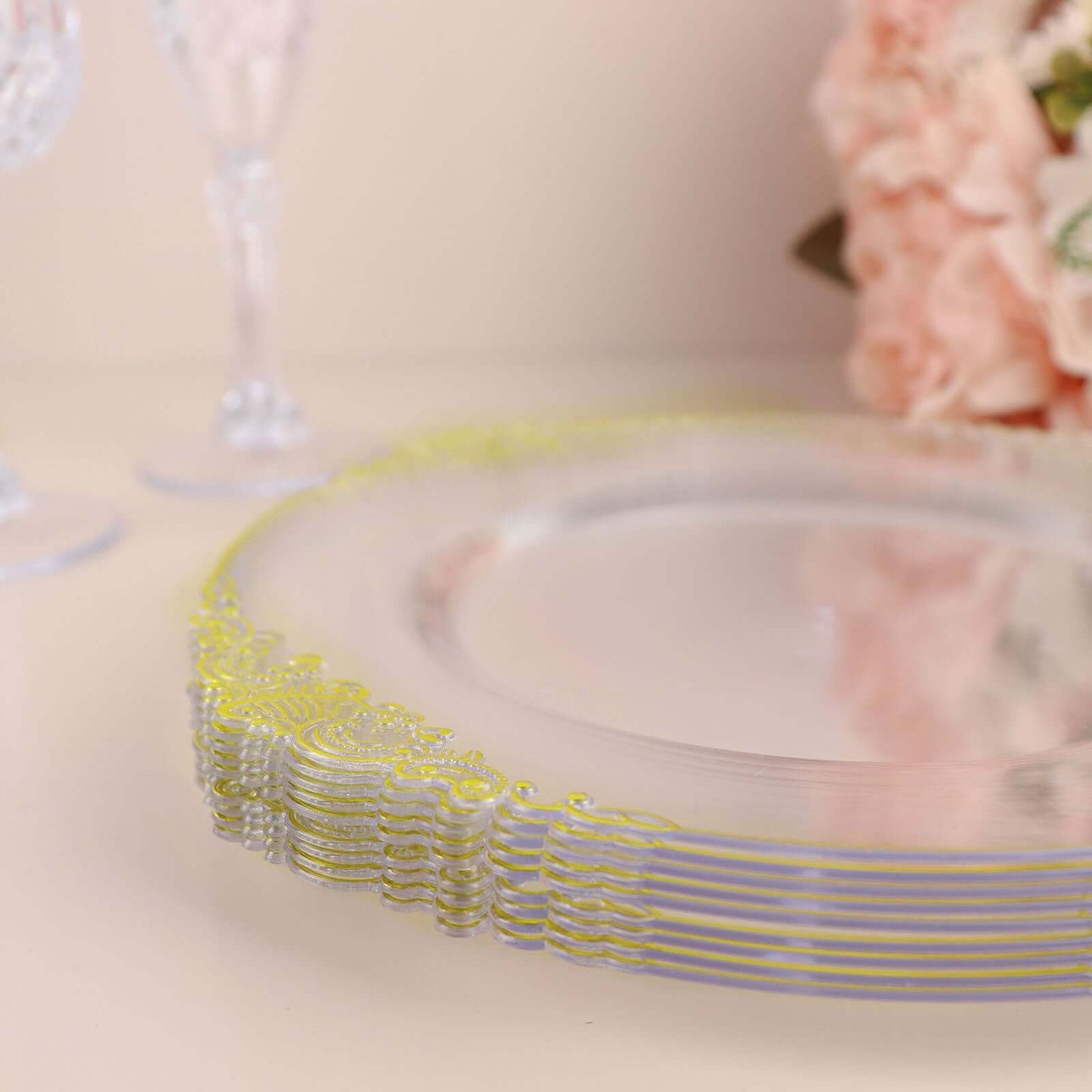 10-Pack Plastic 8" Round Dessert Plates in Clear with Gold Leaf Embossed Rim - Disposable Vintage Baroque Style Salad Plates