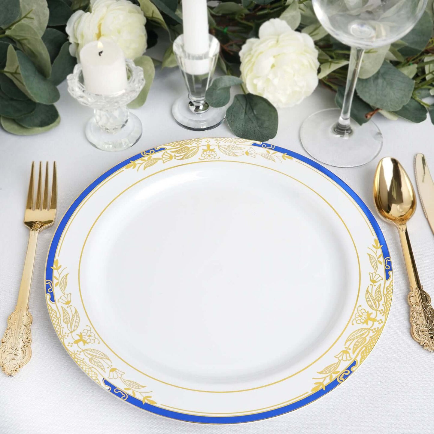 10-Pack Plastic 10" Round Dinner Plates in White with Royal Blue Rim - Stylish Gold Vine Design Disposable Party Plates for Special Occasions & Celebrations