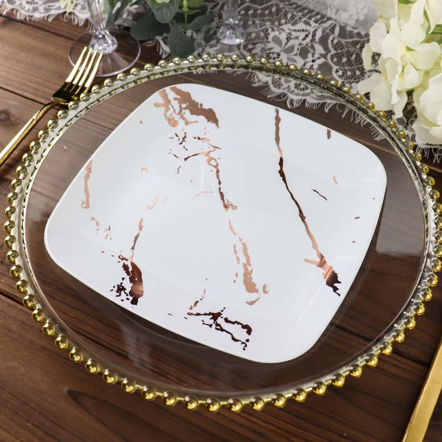 10-Pack Plastic 8" Square Dessert Plates in White with Rose Gold Marble Design - Disposable Appetizer Salad Party Plates
