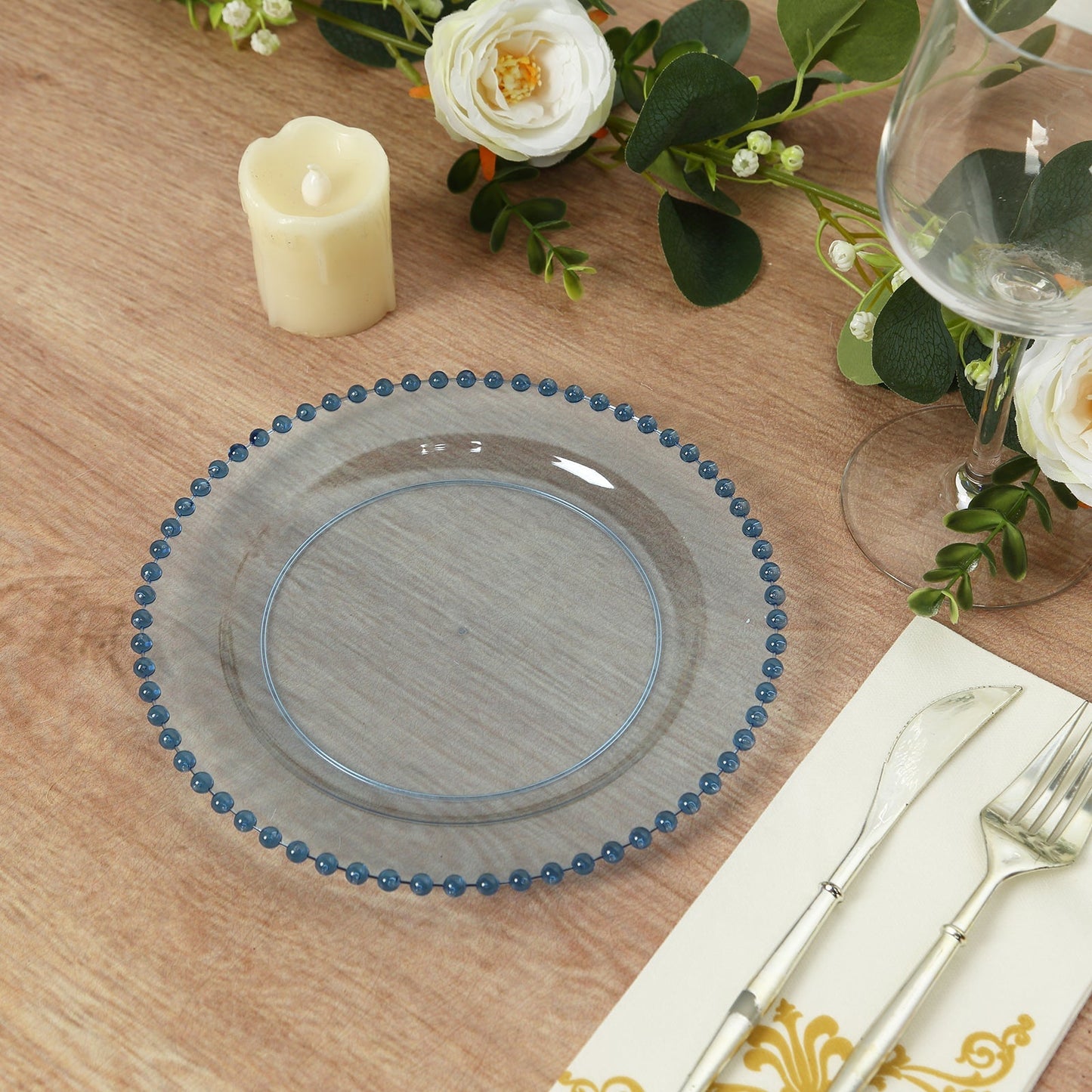 10-Pack Transparent Dusty Blue Plastic Dessert Plates â€“ 8" Round with Beaded Rim, Disposable for Parties & Events