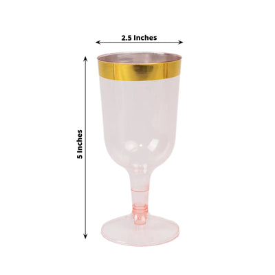 12 Pack Plastic Short Stem Wine Glasses Transparent Blush/Gold Rim - Stylish Disposable Drinkware 6oz