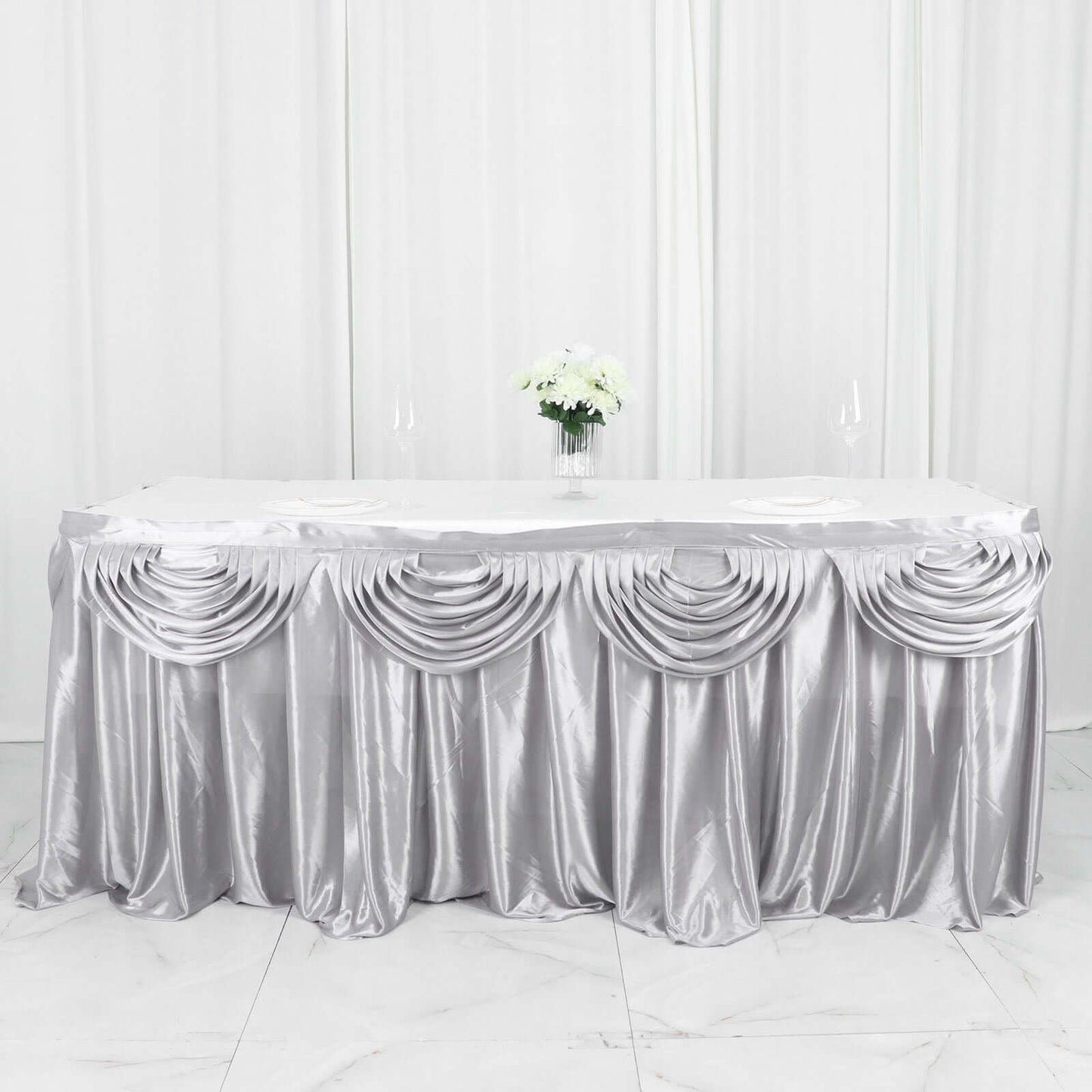 Satin 14ft Table Skirt Silver - Pleated Double Drape Table Cover