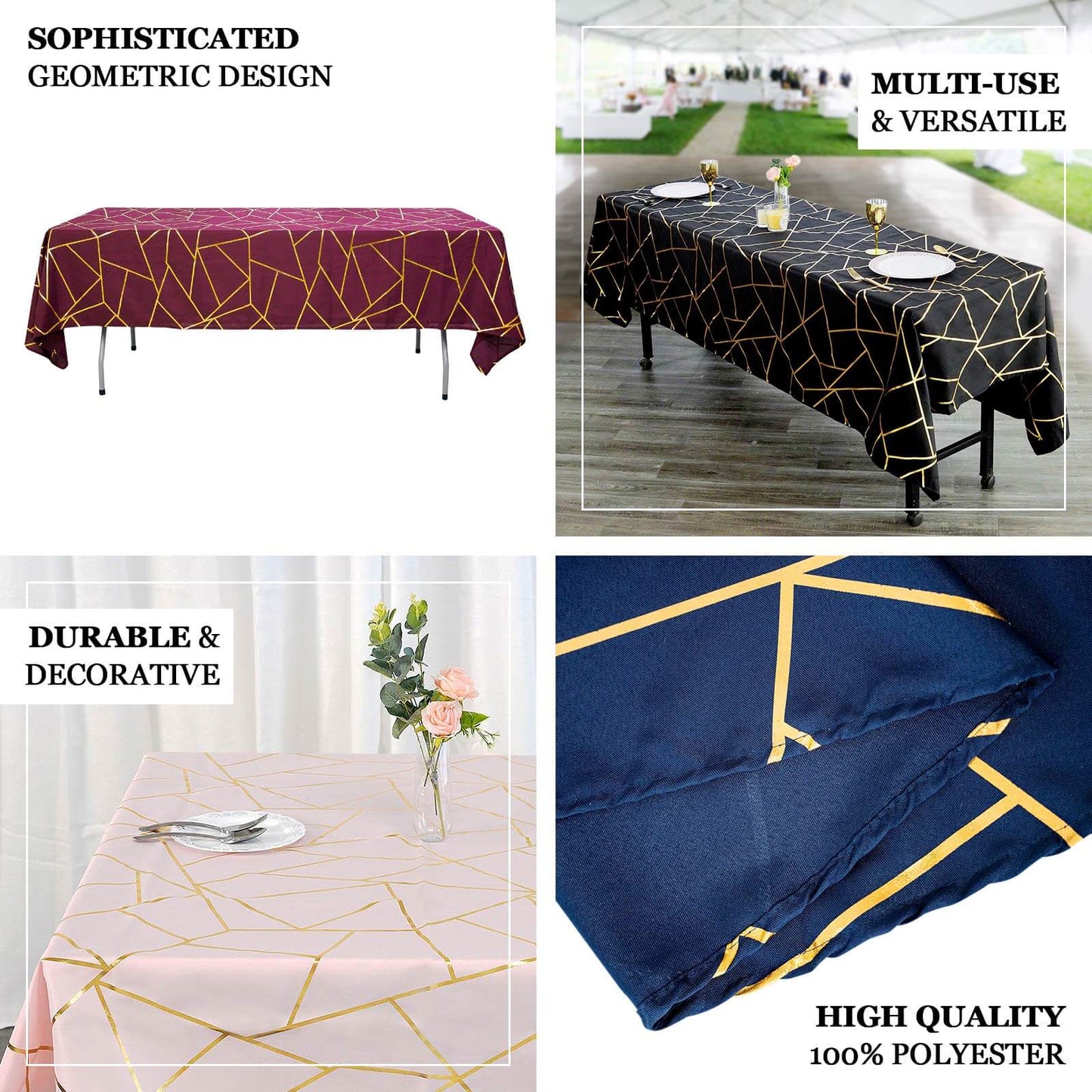 Polyester 60"x102" Rectangle Tablecloth Teal with Gold Foil Geometric Pattern - Wrinkle-Resistant & Durable Table Cover