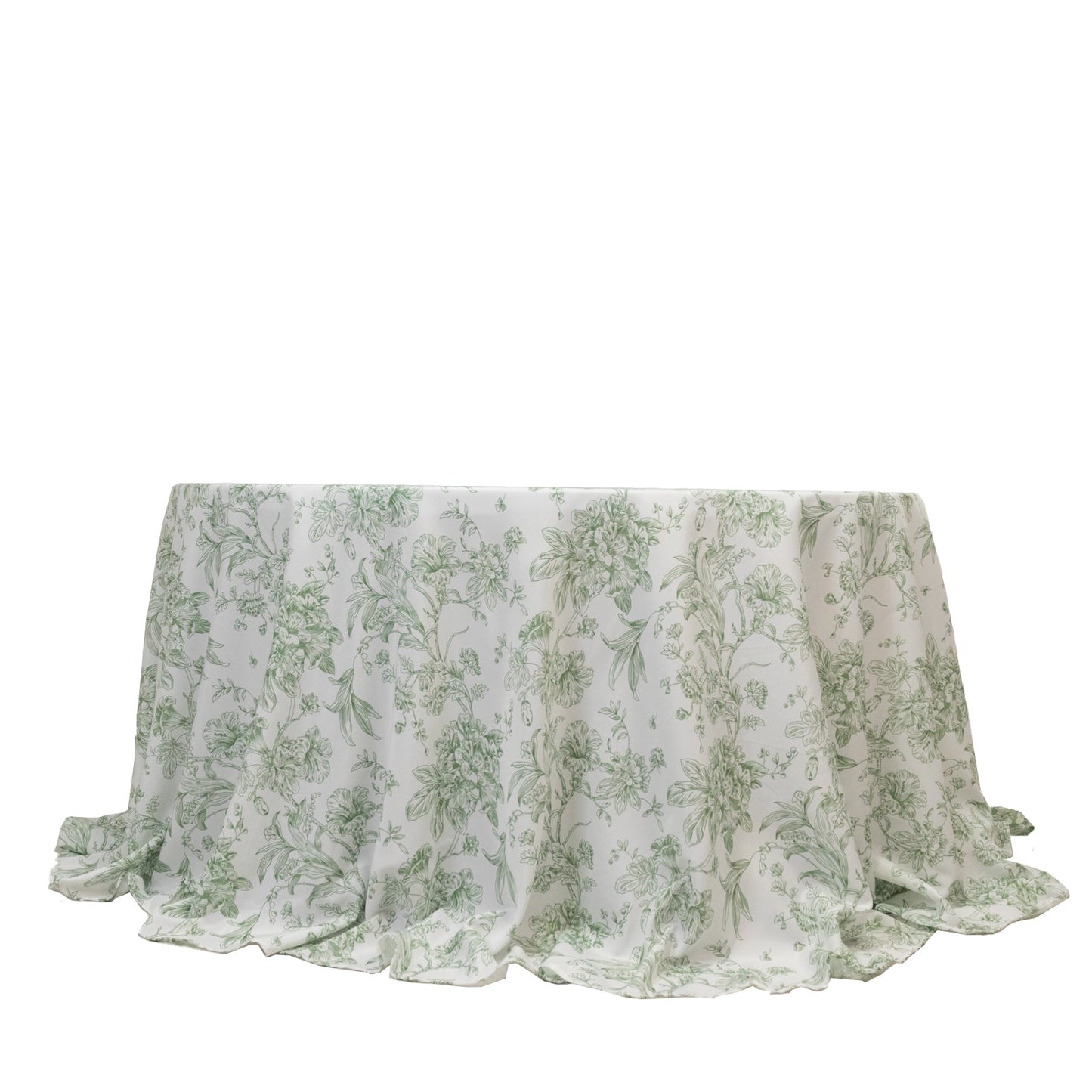 Polyester 132" Round Tablecloth White - Dusty Sage Green French Toile Pattern for Chic Weddings