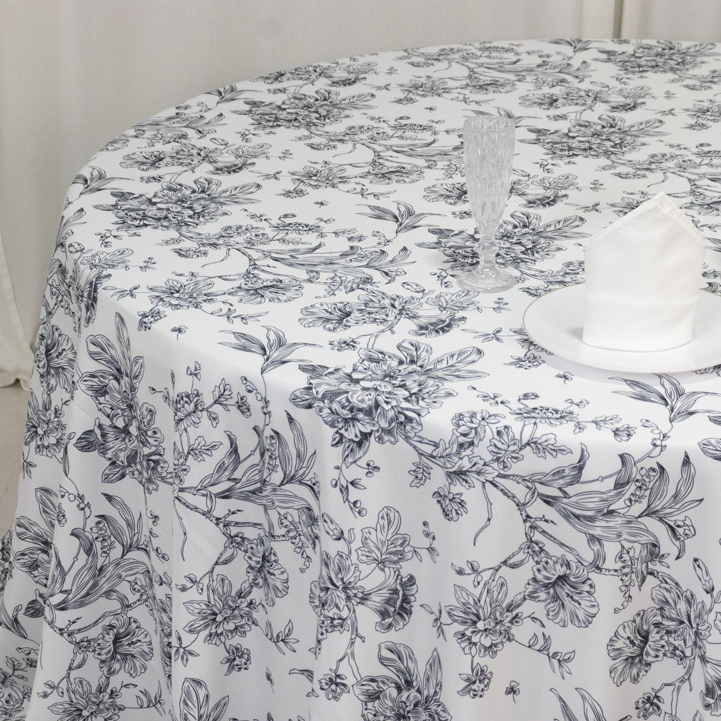Polyester 132" Round Tablecloth White - Black French Toile Pattern for Chic Weddings