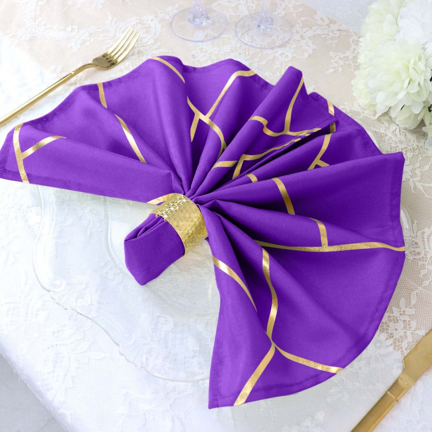 5 Pack Polyester 20"x20" Napkins Purple with Gold Geometric Foil Pattern - Modern Reusable Dinner Napkins
