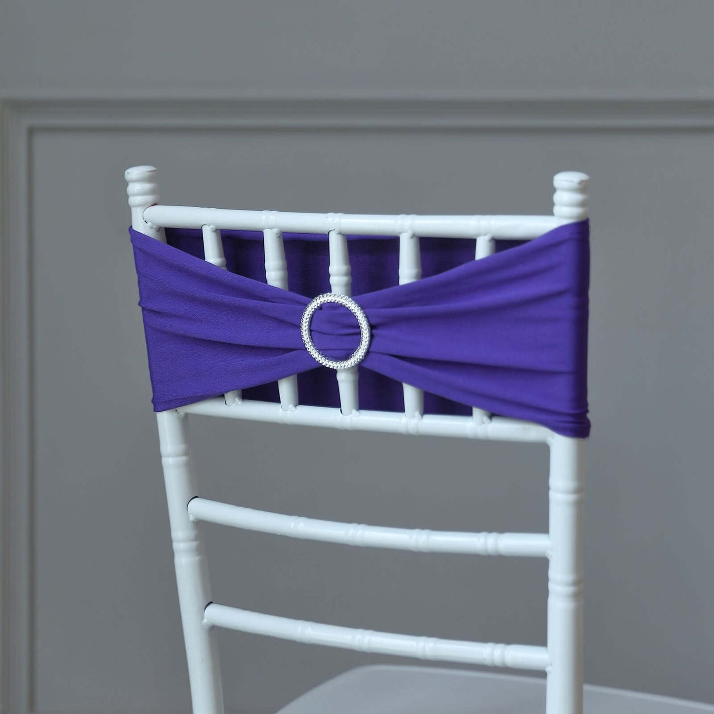 5 Pack Stretch Spandex Chair Sashes Purple - Reusable Chair Bands with Silver Diamond Ring Slide Buckle 5"x14"