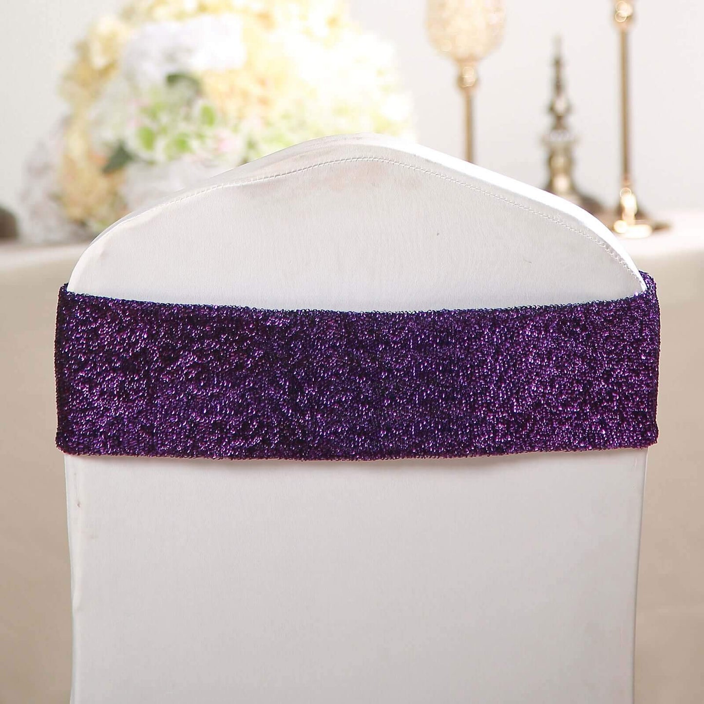 5 Pack Metallic Shimmer Tinsel Spandex Chair Sashes Purple - Durable and Reusable Stretch Chair Bands