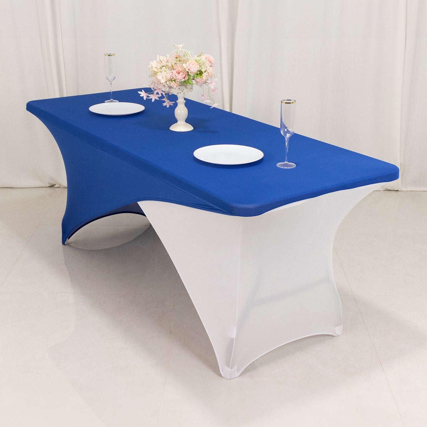 Stretch Spandex 72"x30" Rectangle Table Cover Royal Blue/White Cross Over Design - Two-Piece Fitted Tablecloth with Elastic Foot Pockets
