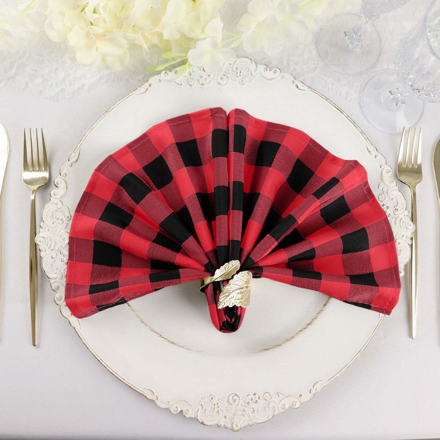 5 Pack Polyester 15"x15" Napkins Black/Red Buffalo Plaid Gingham Style Cloth Napkins