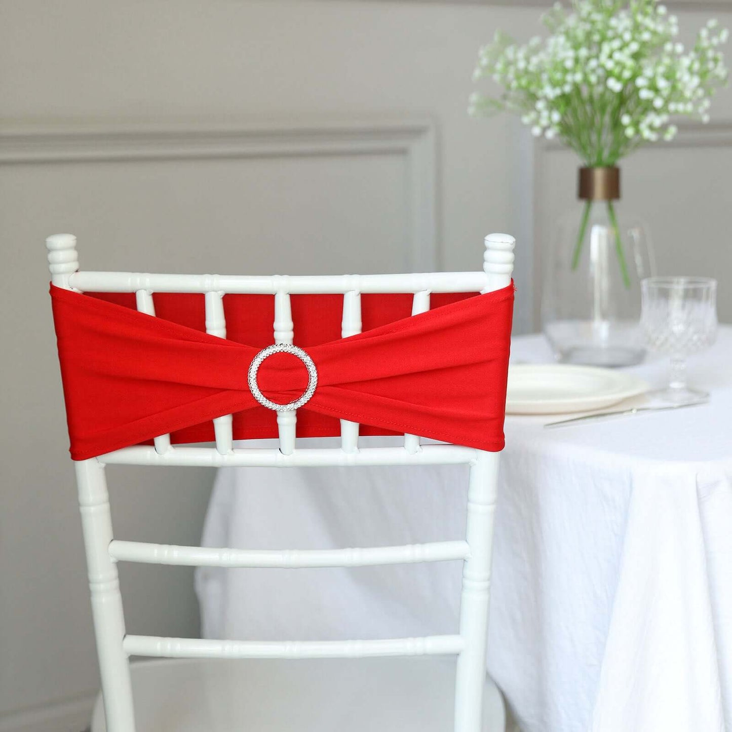 5 Pack Stretch Spandex Chair Sashes Red - Reusable Chair Bands with Silver Diamond Ring Slide Buckle 5"x14"