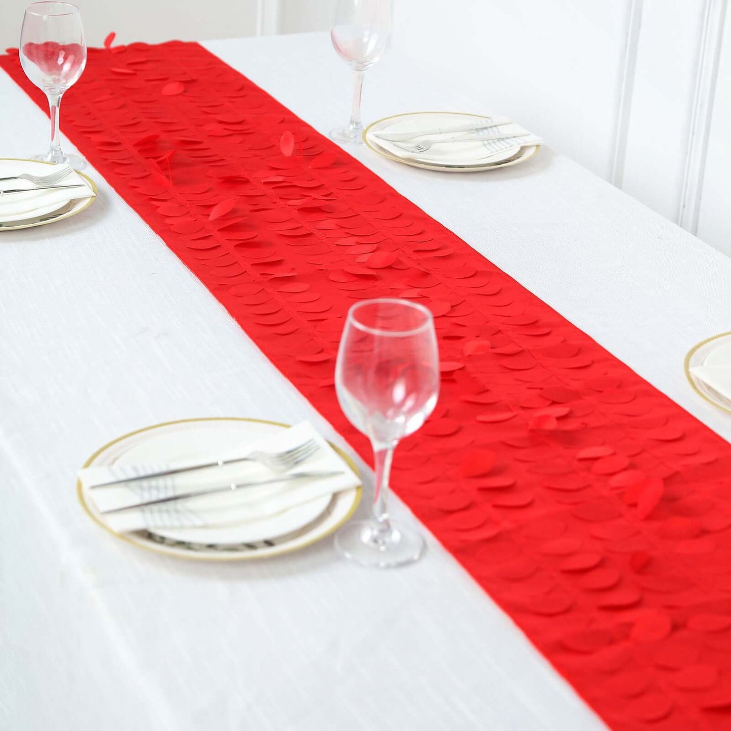 Taffeta Fabric 12"x108" Table Runner Red - 3D Leaf Petal Design