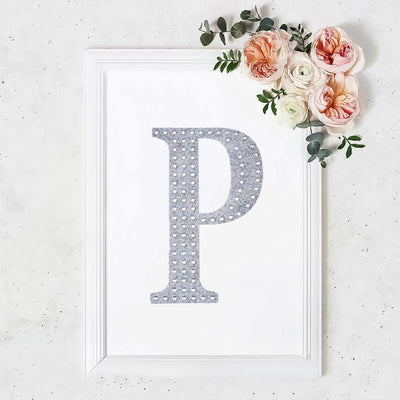 Decorative Rhinestone Alphabet "P" Letter Stickers, Glitter Adhesive Craft Letters Silver DIY Sparkle Embellishments 8"
