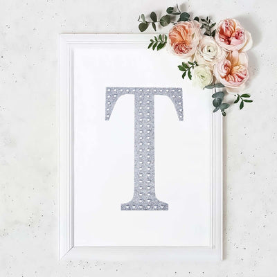 Decorative Rhinestone Alphabet "T" Letter Stickers, Glitter Adhesive Craft Letters Silver DIY Sparkle Embellishments 8"