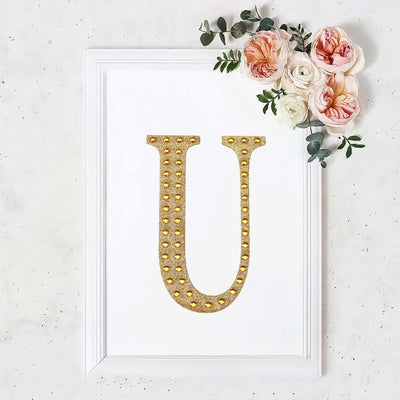 Decorative Rhinestone Alphabet "U" Letter Stickers, Glitter Adhesive Craft Letters Gold DIY Sparkle Embellishments 8"