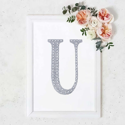Decorative Rhinestone Alphabet "U" Letter Stickers, Glitter Adhesive Craft Letters Silver DIY Sparkle Embellishments 8"