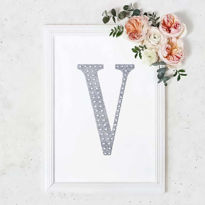 Decorative Rhinestone Alphabet "V" Letter Stickers, Glitter Adhesive Craft Letters Silver DIY Sparkle Embellishments 8"