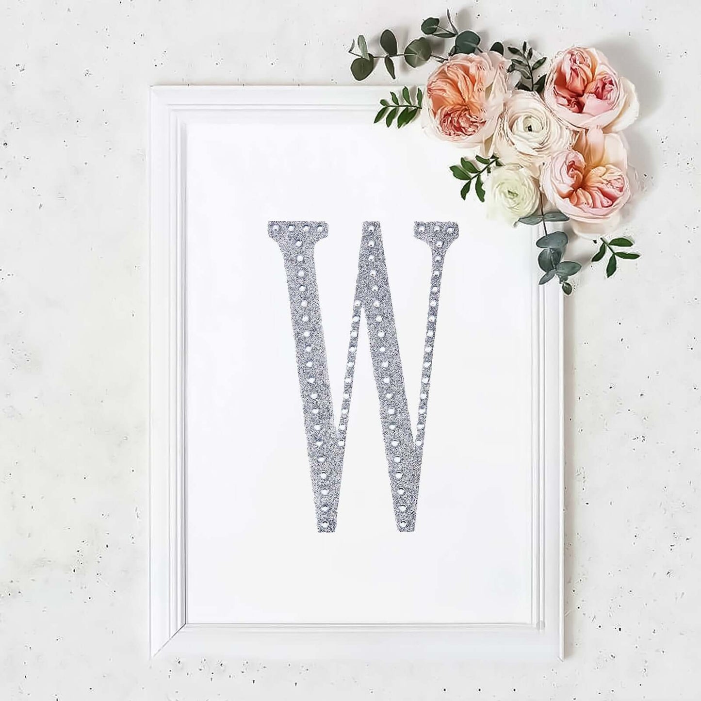Decorative Rhinestone Alphabet "W" Letter Stickers, Glitter Adhesive Craft Letters Silver DIY Sparkle Embellishments 8"