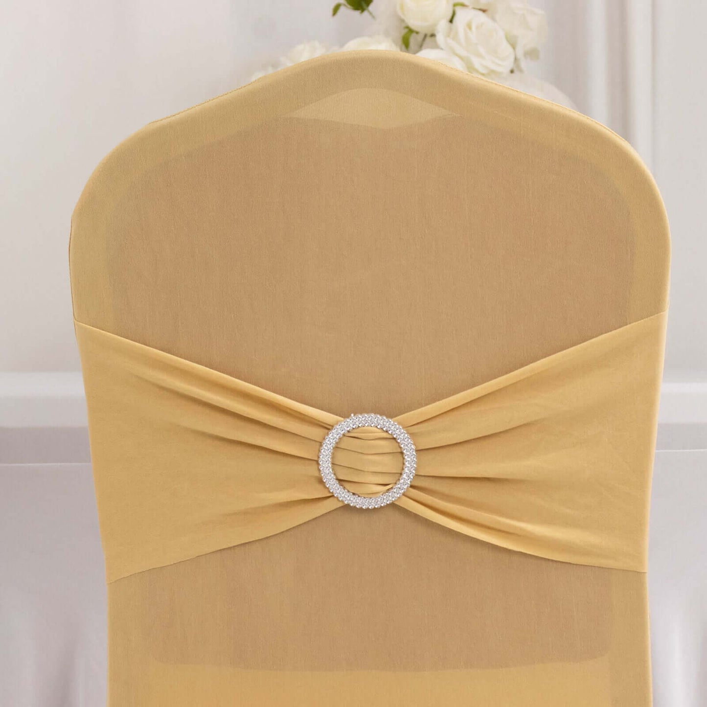 Spandex Chair Cover with Silver Rhinestone Buckled Sash Band Champagne - Stretch Fitted Slipcover