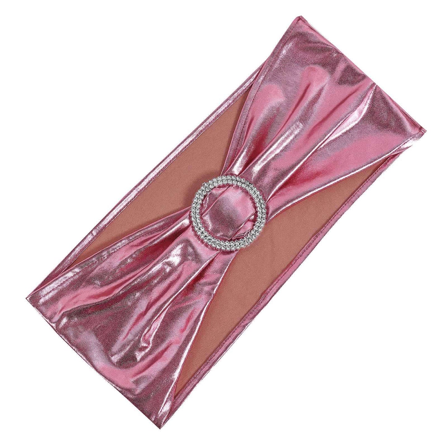 5 Pack Metallic Spandex Chair Sashes Rose Gold - Stretch Fit Chair Bands With Round Diamond Buckles