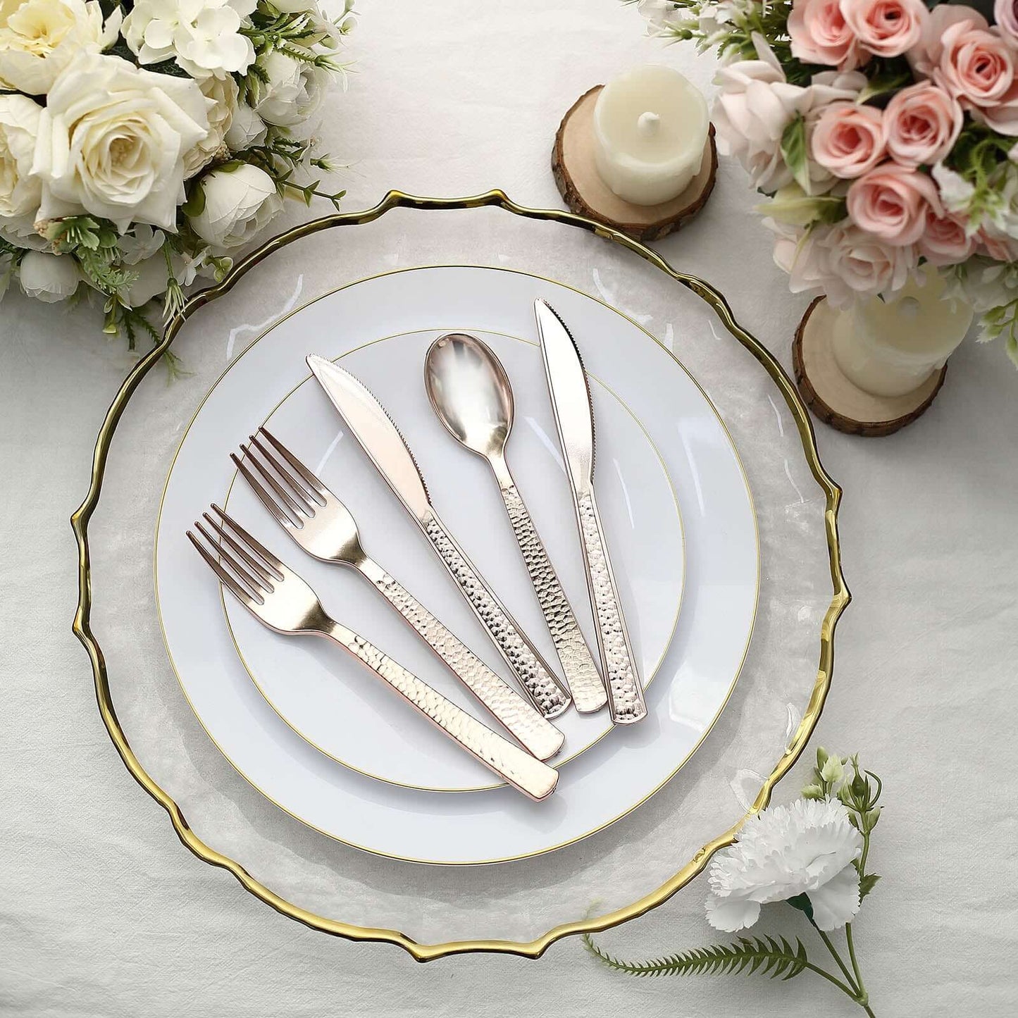 24-Pack Plastic Silverware Set with Hammered Design Rose Gold - Heavy Duty Disposable Utensils 7"