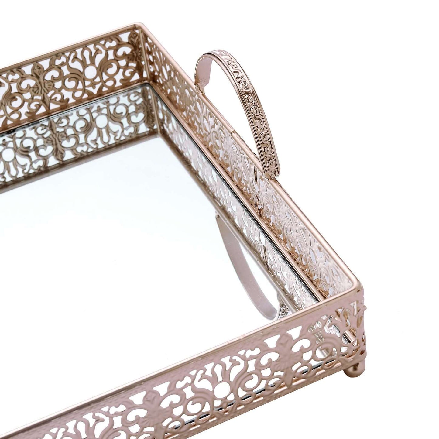 Metal Mirrored Rectangle Serving Tray 16"x12" in Rose Gold Fleur De Lis Design with Handles, French Inspired Decorative Vanity Tray Centerpiece