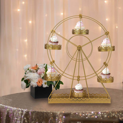 Metal Ferris Wheel Cupcake Holder Gold - Large Decorative Rotating Dessert Display Stand for Carnival-Themed Events Baby Showers & Weddings 23"