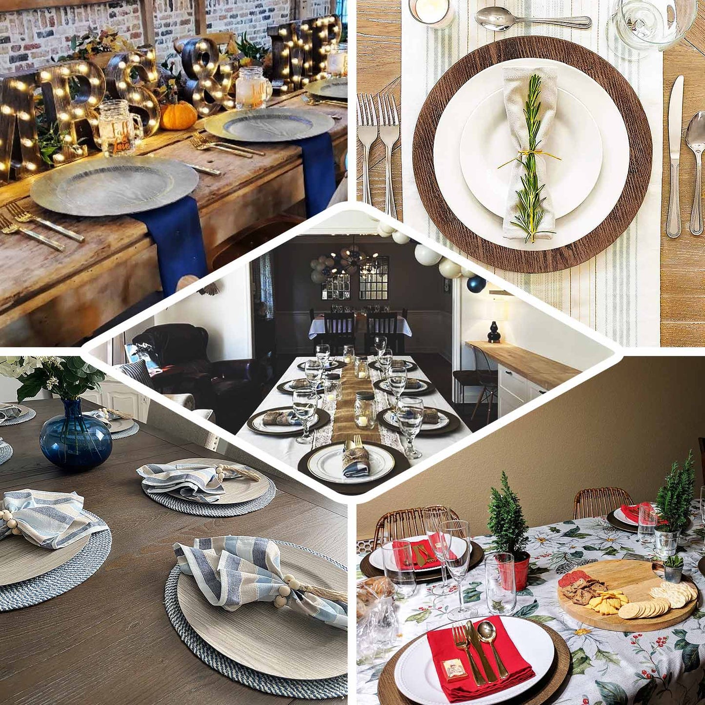 6-Pack Plastic Round Charger Plates 13" in Natural with Faux Wood Finish, Rustic Boho Chic Dinner Party Charger Tableware