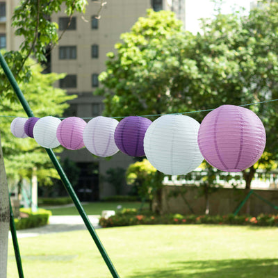 Set of 8 Mixed Purple White Hanging Paper Lanterns, Decorative Round Chinese Sky Lanterns, Assorted Sizes - 6",8",10",14"