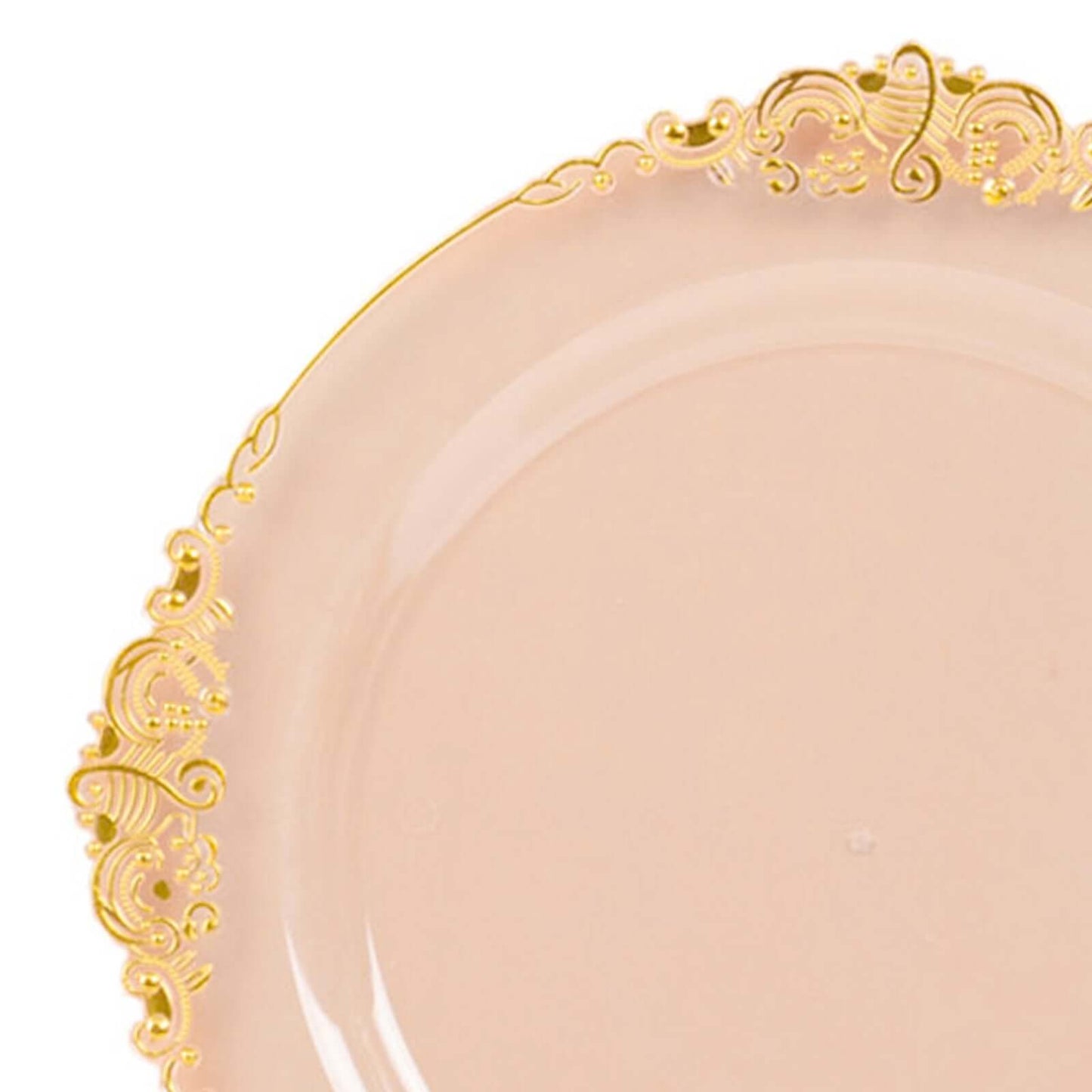 10-Pack Plastic 8" Round Dessert Plates in Transparent Blush with Gold Leaf Embossed Rim - Disposable Vintage Baroque Style Salad Plates