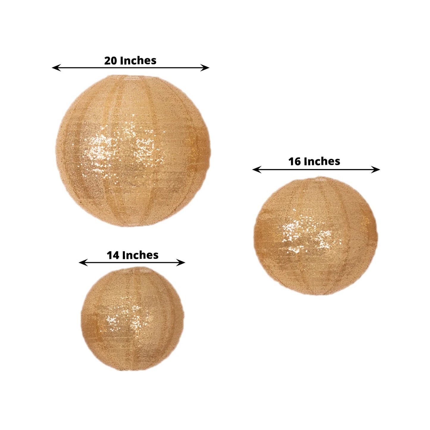 Set of 3 Glitter Gold Sequin Fabric Hanging Lanterns, Large Decorative Round Foldable Chinese Lantern Lampshades - 14",16",20"