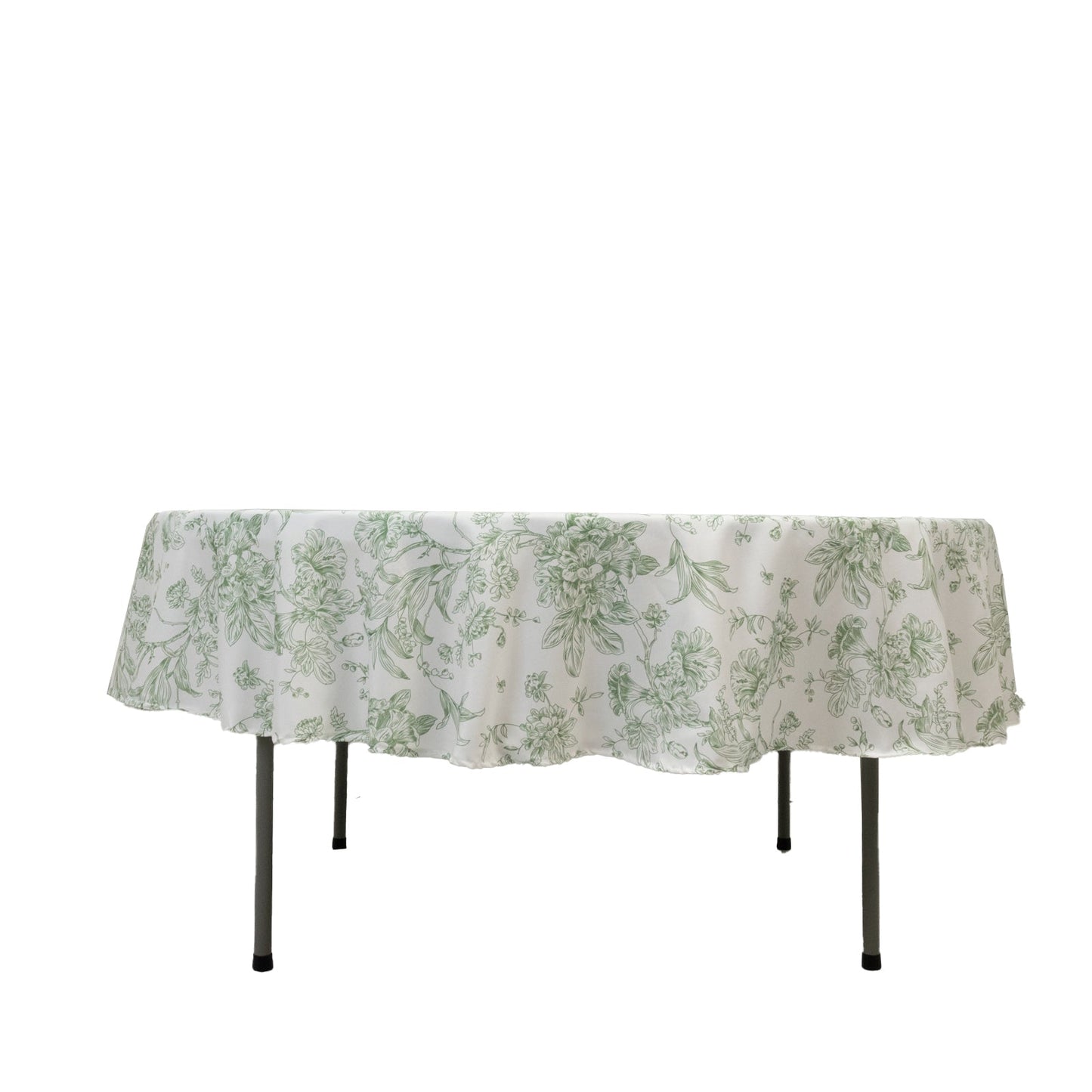 Polyester 90" Round Tablecloth White - Dusty Sage Green French Toile Pattern for Chic Weddings