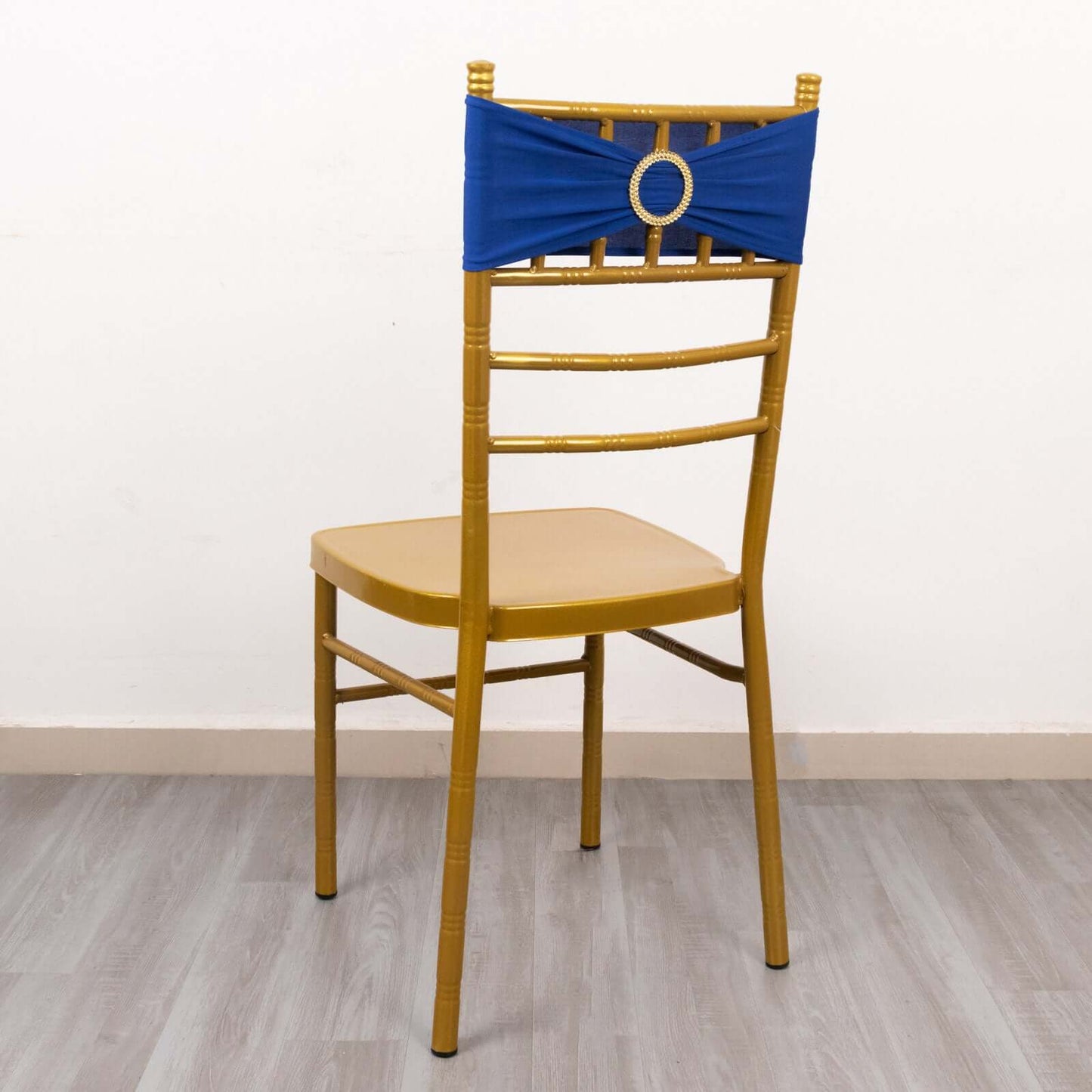 5 Pack Spandex Chair Sashes Royal Blue with Gold Rhinestone Buckles - Reusable Four-Way Stretch Sash Bands 5"x14"