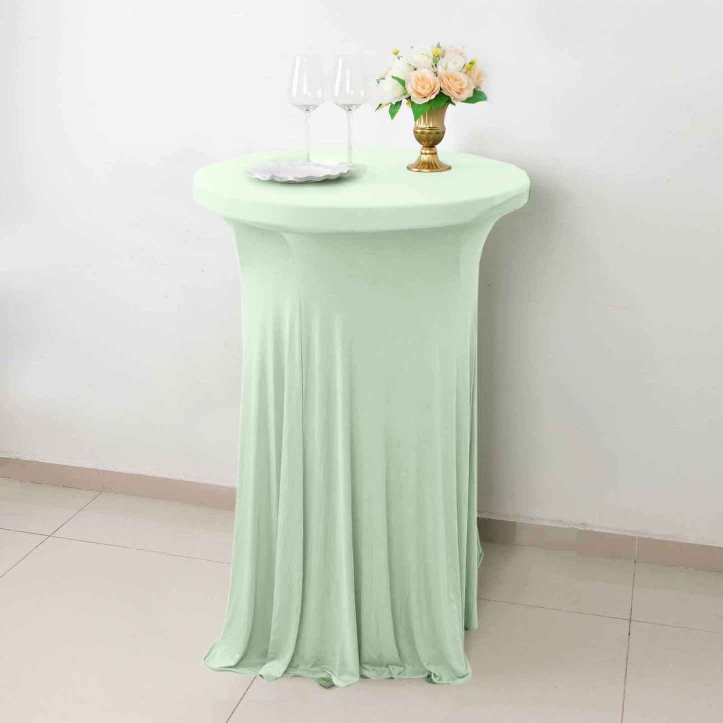 Spandex 30" Round Cocktail Table Cover Skirt Sage Green With Natural Wavy Drapes