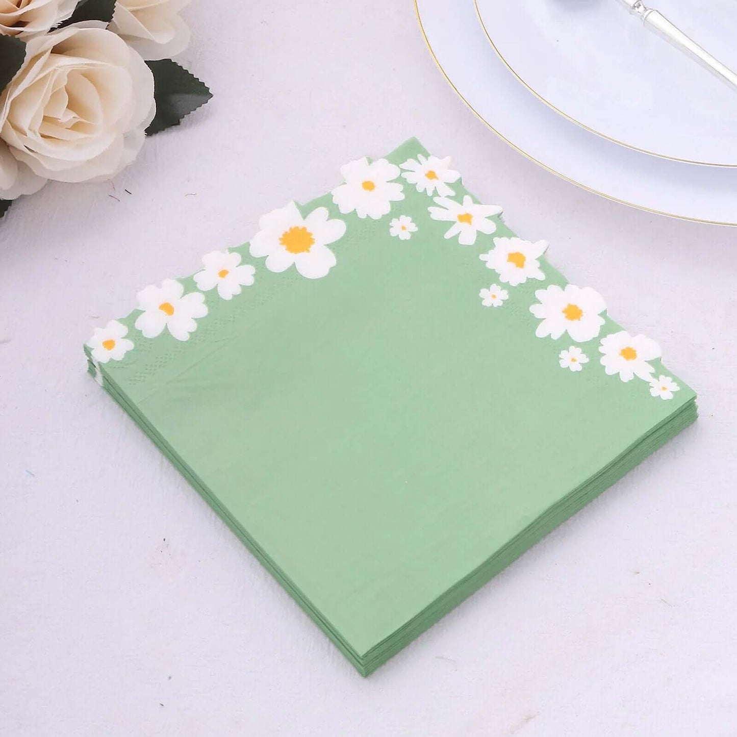 20-Pack Paper Beverage Napkins with Daisy Flower Design Sage Green - 2 Ply Soft 18GSM Floral Wedding Napkins 6.5"x6.5"
