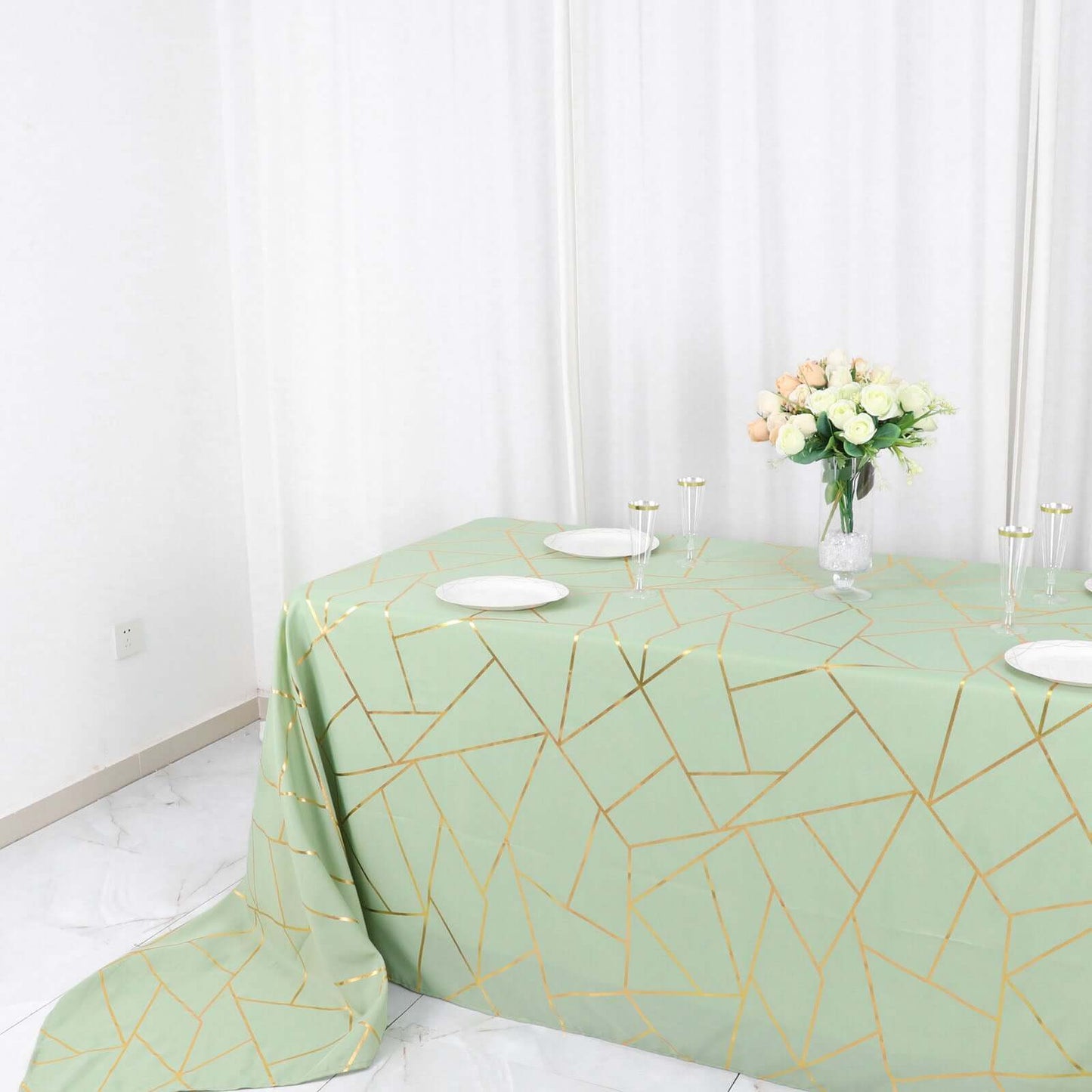 Polyester 90"x156" Rectangle Tablecloth Sage Green Seamless with Gold Foil Geometric Pattern - Wrinkle-Resistant Seamless Table Cover for Sophisticated Events