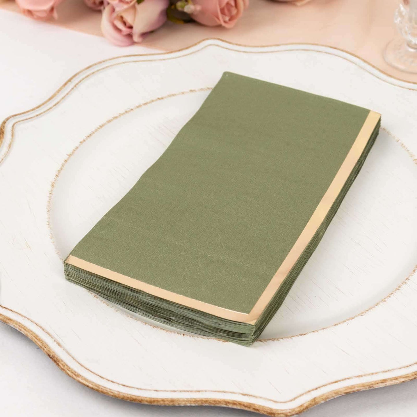 50-Pack Paper Dinner Napkins Dusty Sage Green with Gold Foil Edge 2 Ply - Stylish Disposable Napkins