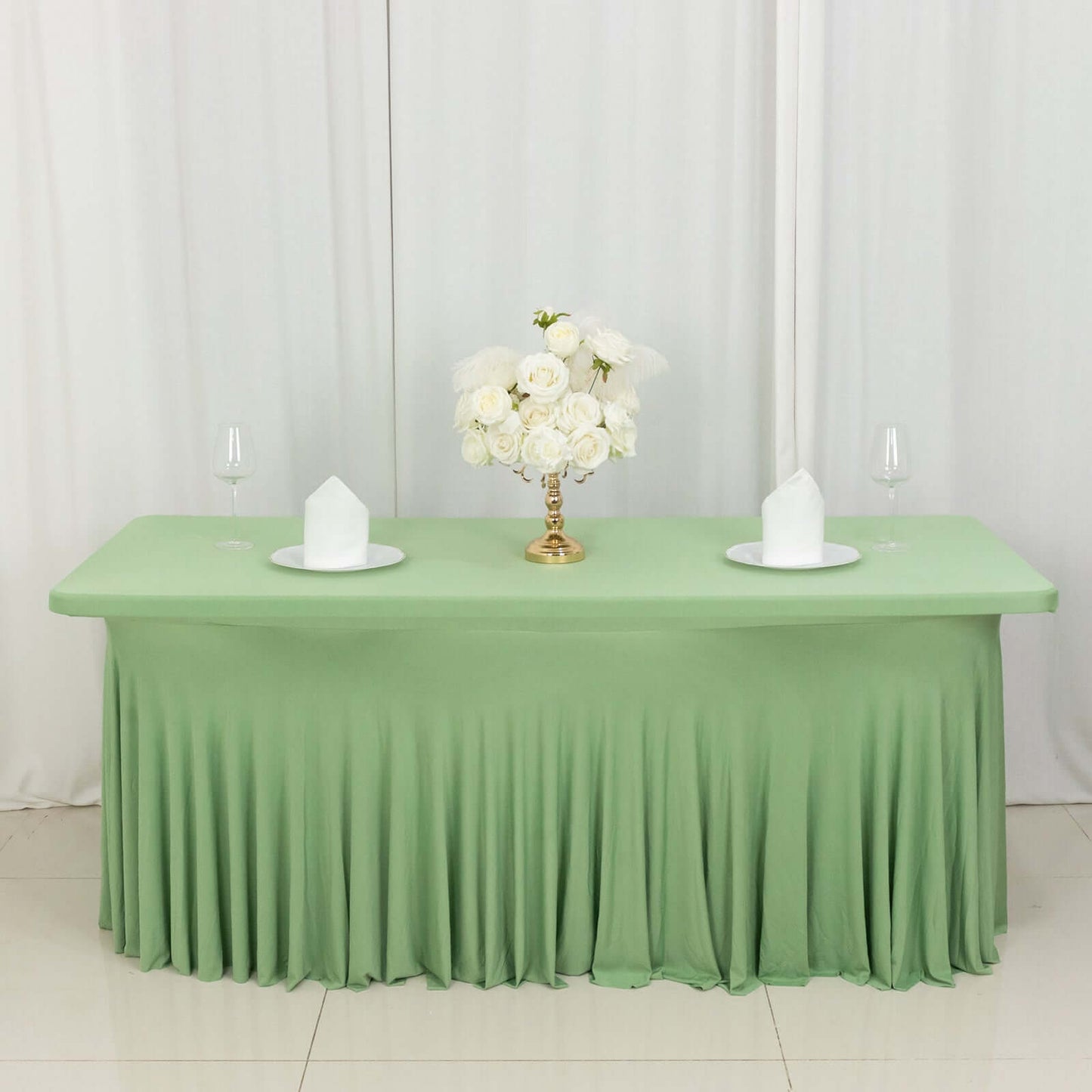 Spandex Rectangle 72"x30" Table Skirt Sage Green with Wavy Skirt-Like Effect Table Cover