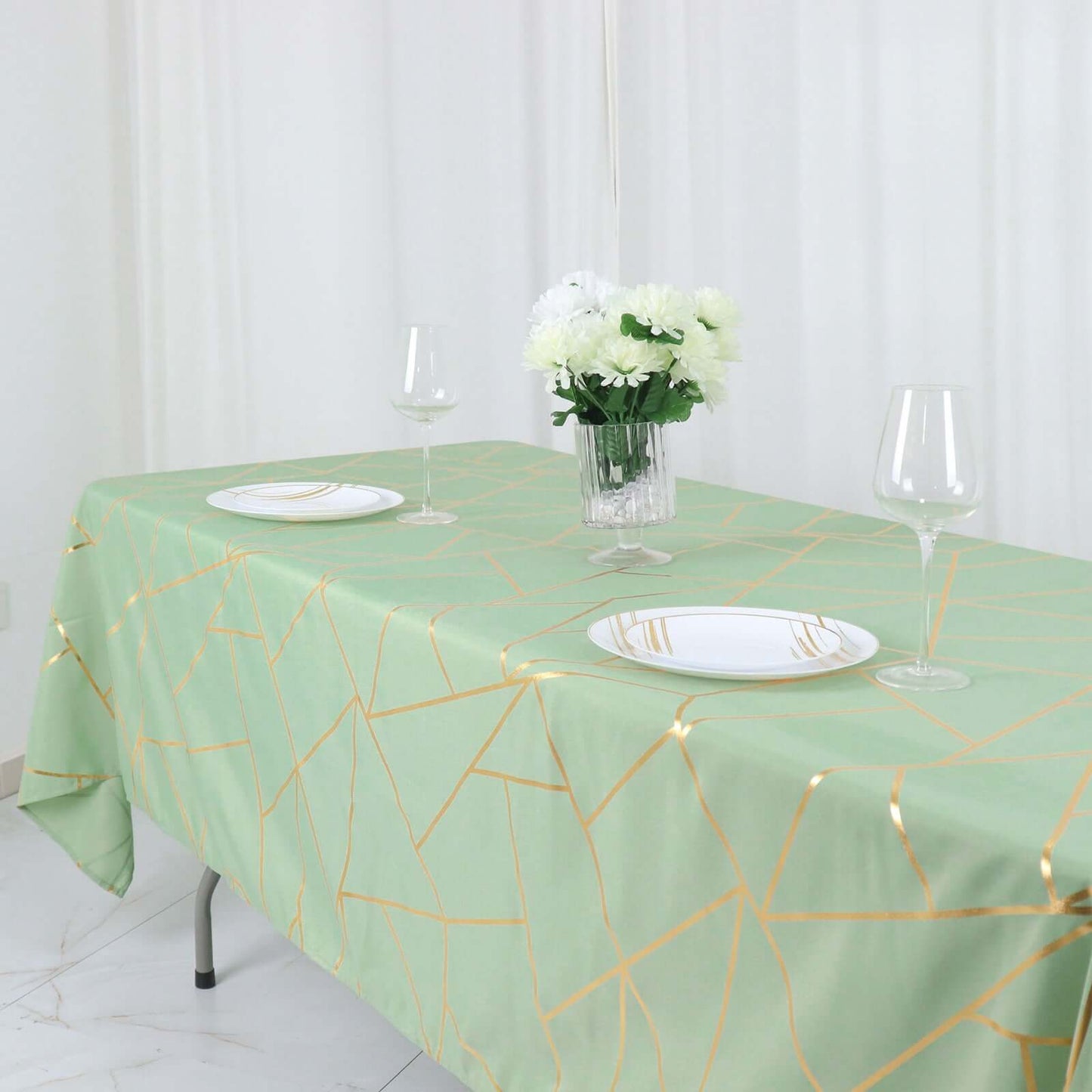 Polyester 60"x102" Rectangle Tablecloth Sage Green with Gold Foil Geometric Pattern - Wrinkle-Resistant & Durable Table Cover
