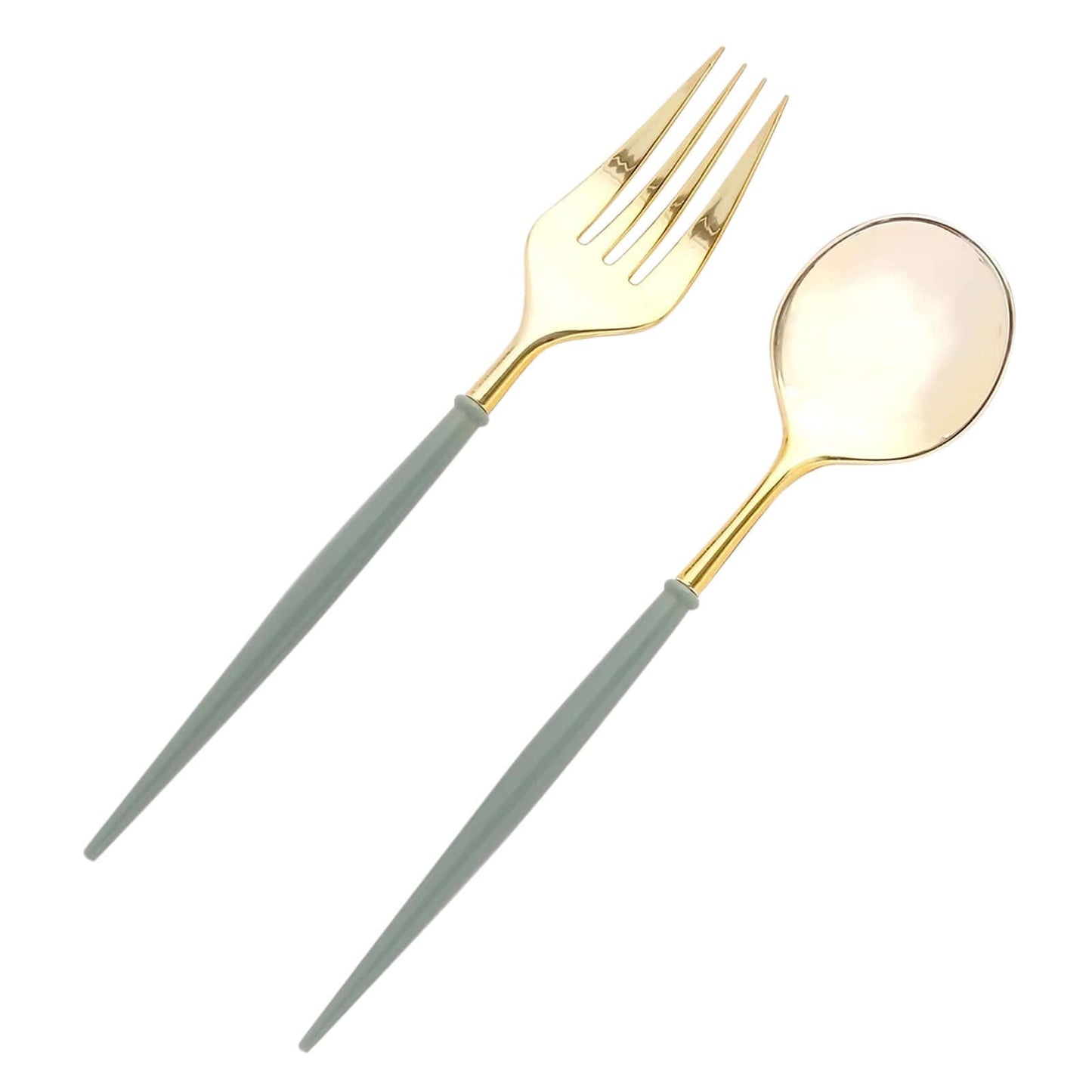 24-Pack Plastic Fork and Spoon Set Metallic Gold/Dusty Sage Green - Heavy Duty Disposable Modern Utensils 6"