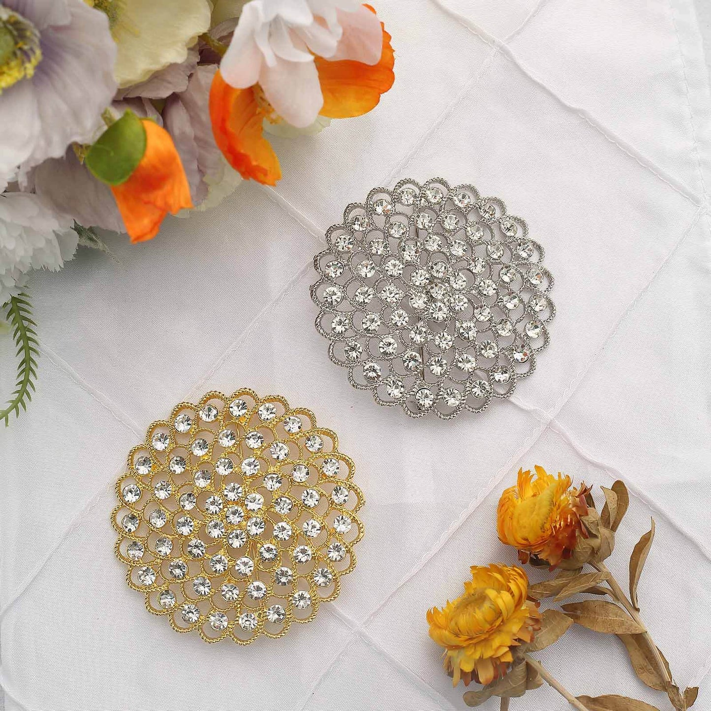 Rhinestone Metal Flower Chair Sash Band Buckle Silver - Glittering Diamond Accent 3"