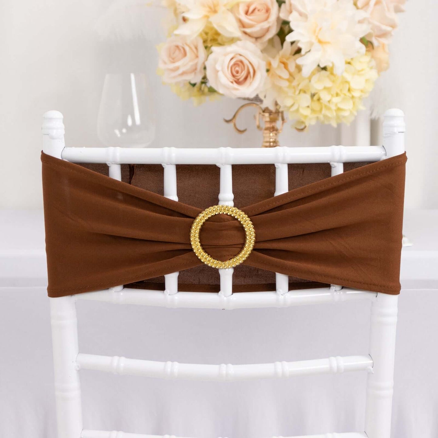 5 Pack Spandex Chair Sashes Cinnamon Brown with Gold Rhinestone Buckles - Reusable Four-Way Stretch Sash Bands 5"x14"