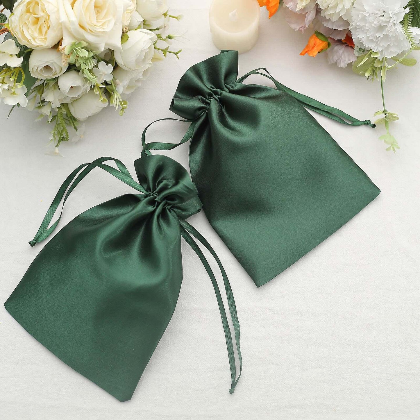12 Pack 6"x9" Hunter Emerald Green Satin Wedding Party Favor Bags, Drawstring Pouch Gift Bags