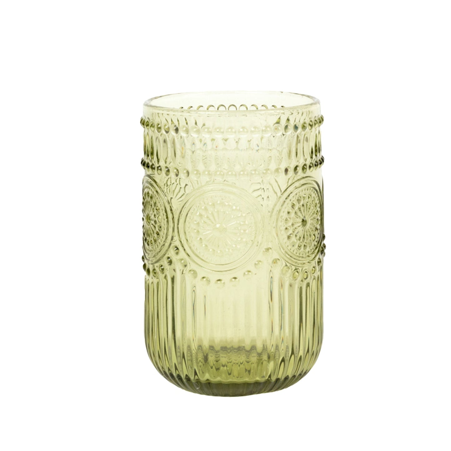 6-Pack Glass Tumblers Dusty Sage Green Vintage Embossed Design with Textured Floral Pattern - Highball Glasses for Drinks & Parties 14oz