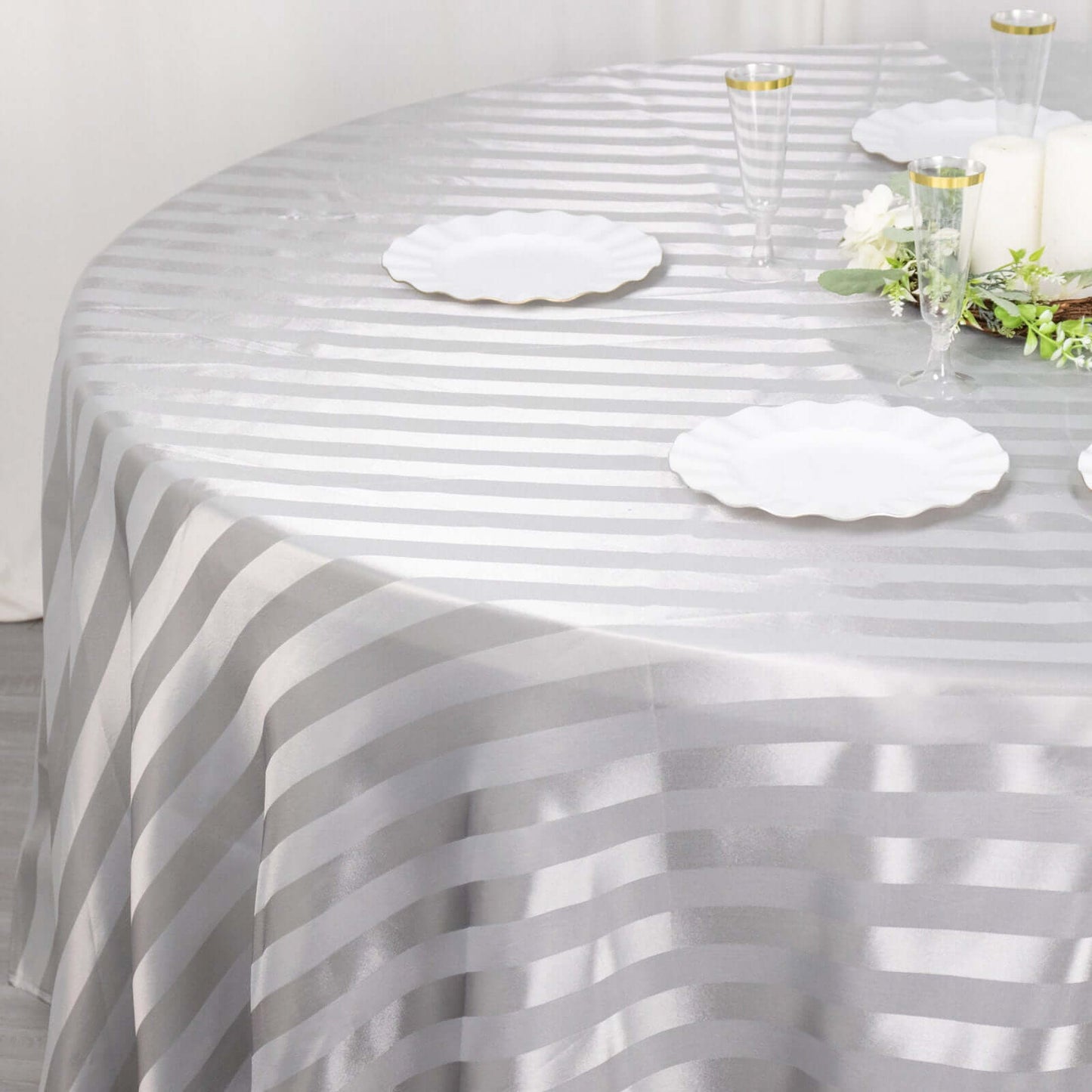 Satin Striped 120" Round Tablecloth Silver - Silky Smooth Seamless Table Cover