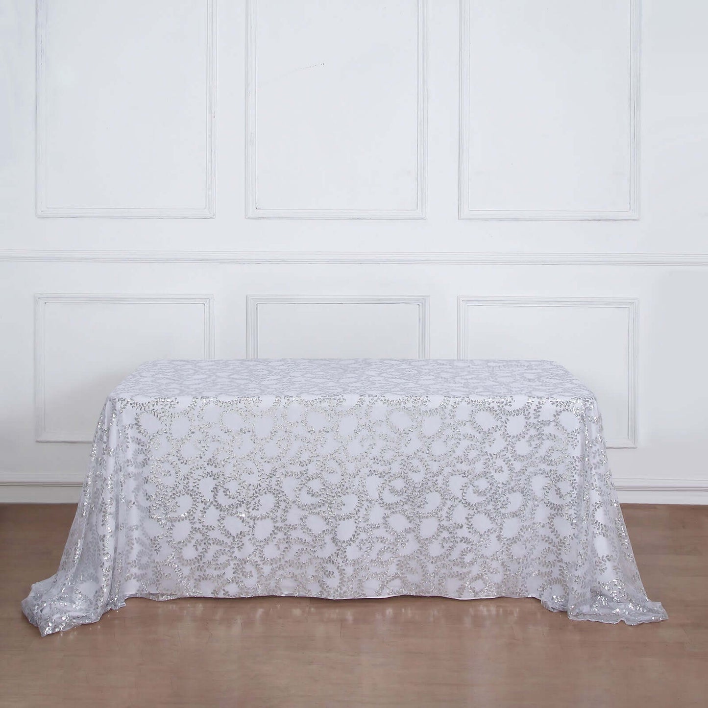 Tulle 90"x156" Rectangle Tablecloth Silver - Sequin Leaf Embroidered Table Cover