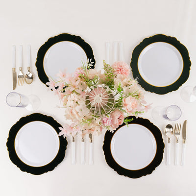 10-Pack Plastic 10" Round Dinner Plates in White with Hunter Emerald Green Blossom Design & Gold Edging - Disposable Party Plates